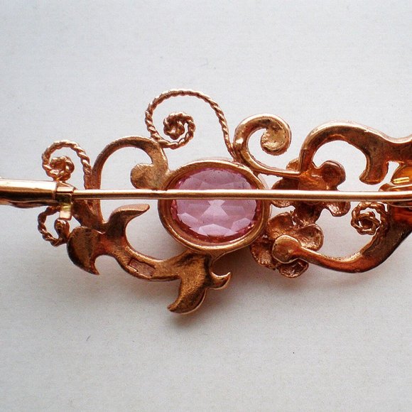 Vintage Russian Soviet USSR 14K 583 Rose Pink Gold Pink Tourmaline Brooch Pin - Picture 4 of 4